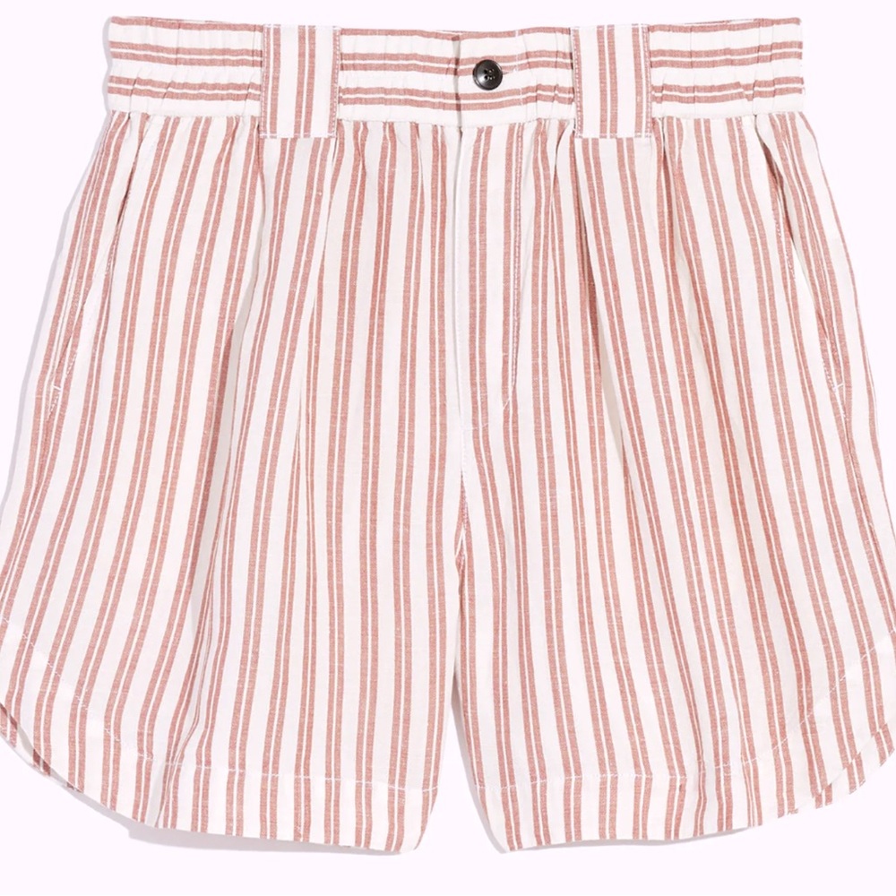 Madewell Linen-Blend Curved Hem Shorts In Stripe- Afterglow Red-NWT- Size Large